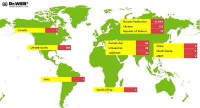 Mapa zainfekowanych urządzeń w poszczególnych krajach