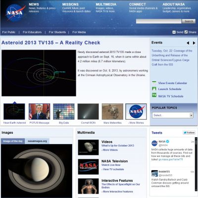 Strona internetowa NASA na dzien 18.10.2013