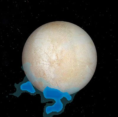 Rysunek przedstawia rozmieszczenie pary wodnej wykrytej nad południowym biegunem Europy (księżyca Jowisza).