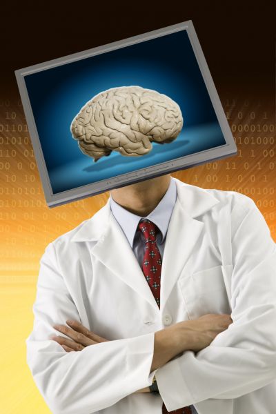 Naukowiec z mózgiem na głowie