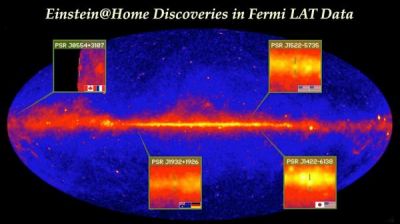 Rozmieszczenie czterech pulsarów gamma odkrytych dzięki projektowi Einstein@home
